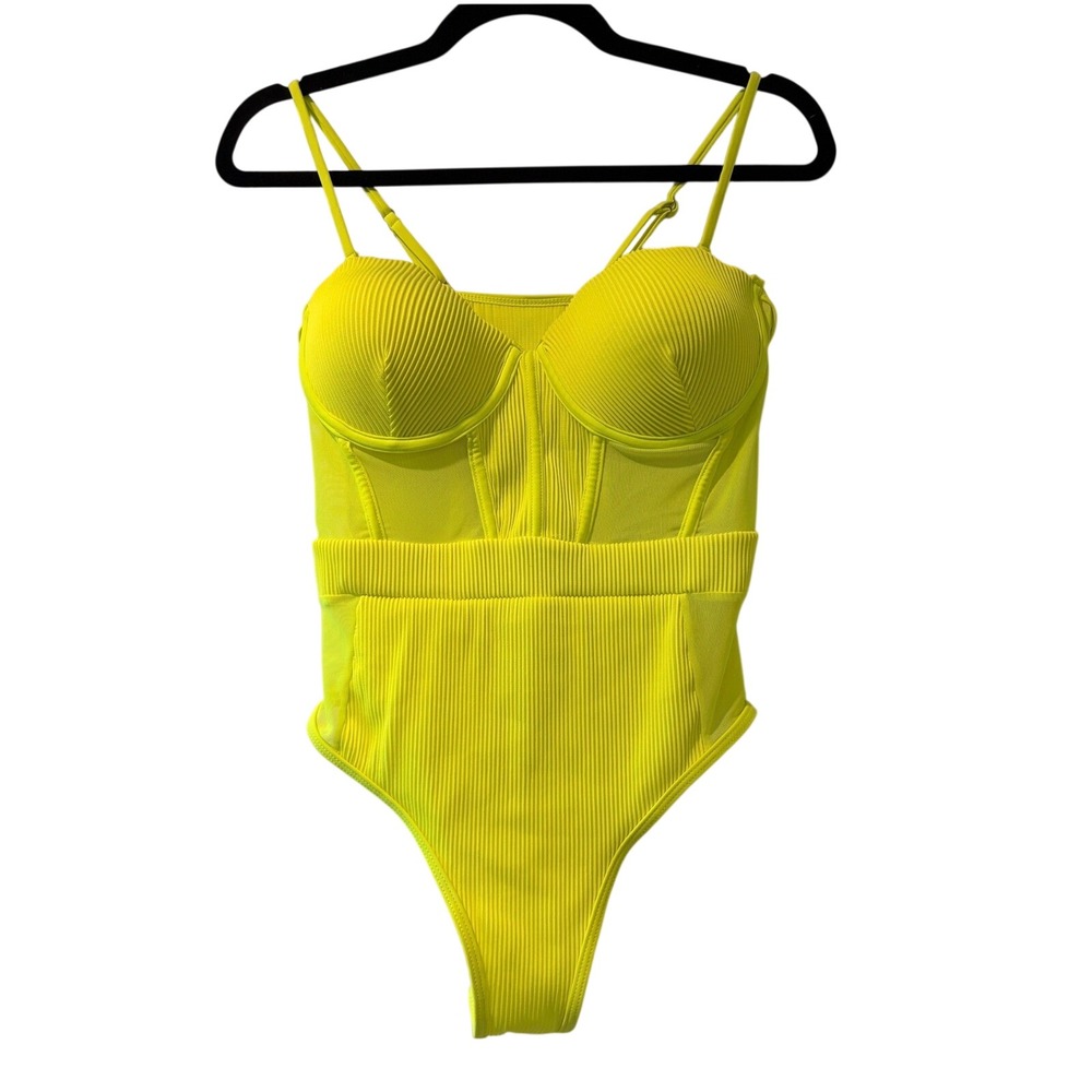 Womens One-Piece Semi Sheer Bustier Swimsuit Size L Beach Vacation Y2K-Style